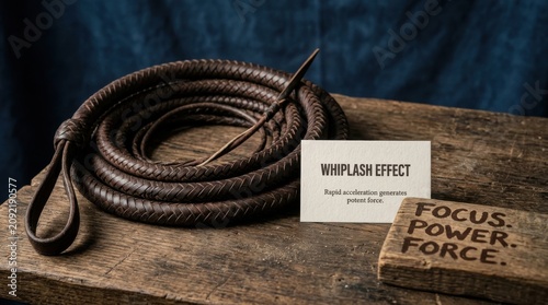 Braided leather whip with explanatory card on wooden surface