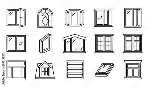 Fotografie Architectural Window Line Art Icon Collection with Casement Arched and Bay Windo