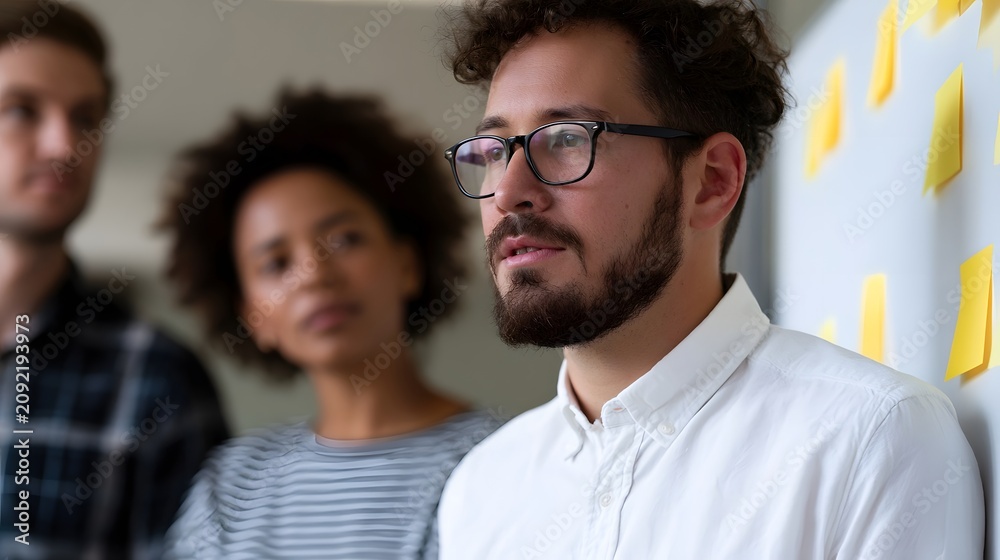 Fototapeta premium Three people in an office setting looking at a wall covered with yellow sticky notes during a collaborative meeting
