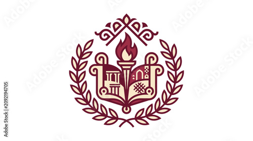 Emblem of Knowledge: Torch, Open Book, Laurel Wreath, and Architectural Elements
