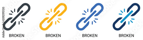 Schilderij op canvas Business link broken and connection failure solid icon set, disconnected metal chain link with snap sparks, corporate relationship split and risk vector