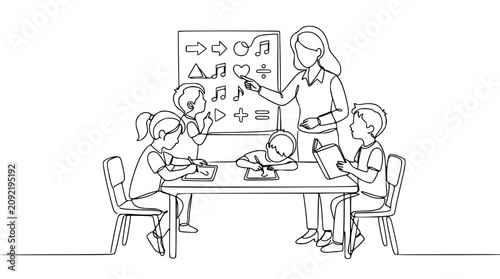 Foto Teacher Instructing Children in Classroom with Shapes and Music Symbols on Black