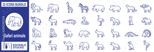 Canvas Print Safari animals icon set, African wildlife vector line art bundle, wild animal ou