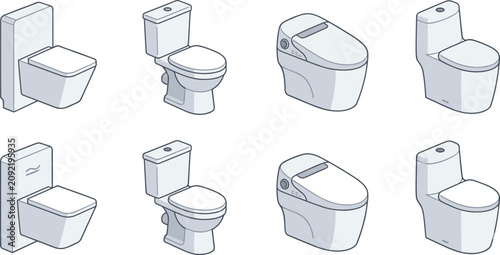 Foto Modern Ceramic Toilet Bowl Vector Icon Set with Isometric Wall Mounted, Smart Bi