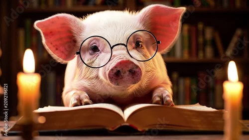 Smart Pig Wearing Glasses Reading Book in Library with Candles
