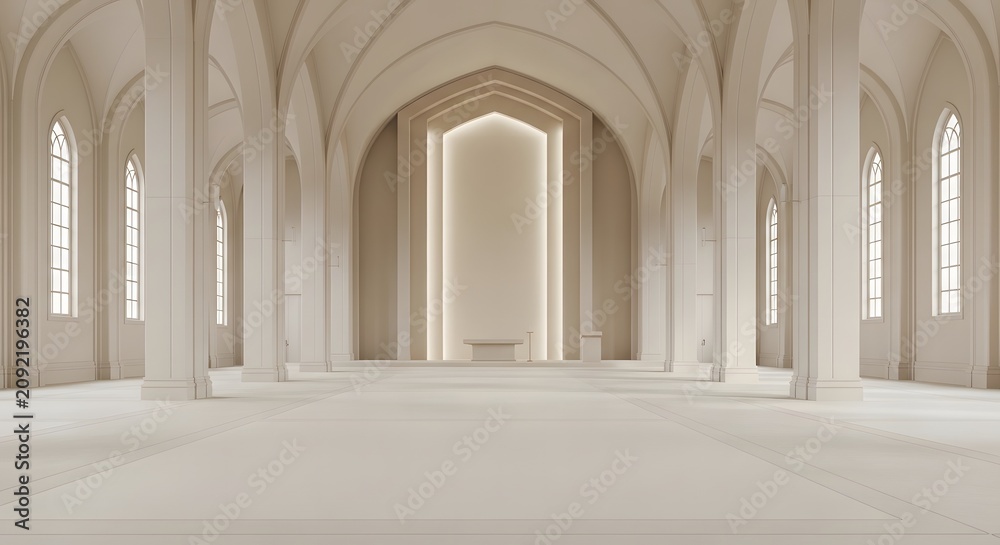 Fototapeta premium Empty modern church interior with bright light and arches