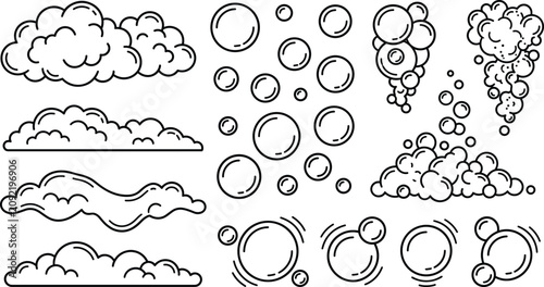 Obraz na płótnie Soap Bubble and Fluffy Cloud Outline Icon Set Featuring Foam Suds Steam Smoke an