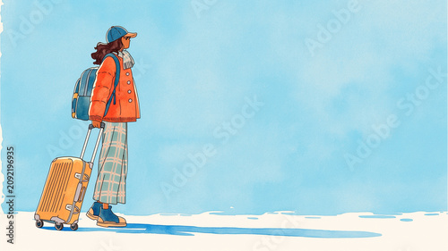 Tapety artystyczne 海辺の宿に着いて新しい旅を始める旅行者の手描き水彩風イラスト、スーツケース、バックパック、荷物、リゾート、観光、海外旅行、国内旅行、宿泊、ホテル、民宿、テラス、バルコニー、窓辺、海、町並み、到着、出発、休日、休暇、夏休み、ひとり旅、自由旅行、長期滞在、ワーケーション、癒やし、非日常、風景、人物、後ろ姿、広告、ポスター、パンフレット、バナー、SNS、商用利用、素材向け、旅行素材、観光素材、旅情、資料