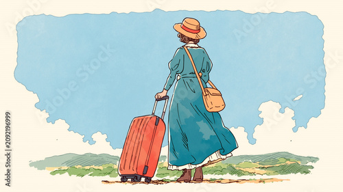 Tapety artystyczne 海辺の宿に着いて新しい旅を始める旅行者の手描き水彩風イラスト、スーツケース、バックパック、荷物、リゾート、観光、海外旅行、国内旅行、宿泊、ホテル、民宿、テラス、バルコニー、窓辺、海、町並み、到着、出発、休日、休暇、夏休み、ひとり旅、自由旅行、長期滞在、ワーケーション、癒やし、非日常、風景、人物、後ろ姿、広告、ポスター、パンフレット、バナー、SNS、商用利用、素材向け、旅行素材、観光素材、旅情、資料
