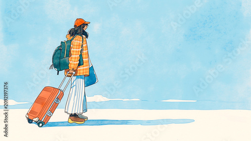 Obraz w ramie トランクに手を添えて旅の準備をする人物の手描き水彩風イラスト、旅行、観光、出発、到着、旅支度、荷物、スーツケース、バックパック、ひとり旅、海外旅行、国内旅行、空港、駅、ホテル、宿泊、長期滞在、留学、出張、移住、ワーケーション、休日、休暇、バカンス、ライフスタイル、男性、女性、人物、全身、シンプル、余白、挿絵、広告、ポスター、チラシ、バナー、SNS、商用利用、素材向け、旅行素材、観光素材、旅情、資料
