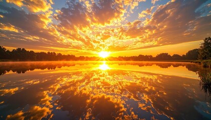 Deken met foto Kamperen Gouden zonsopgang weerspiegeld in spiegelglad meer  © Zam