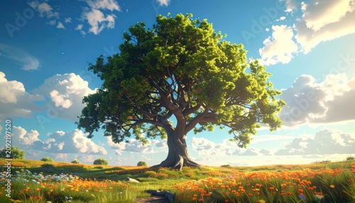 Large, lush tree in a field of flowers under a bright blue sky with puffy clouds