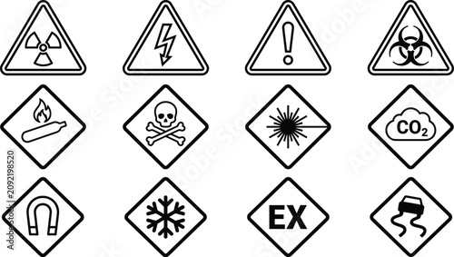 Fotografie Hazard Warning and Safety Sign Outline Icon Set Featuring Radiation Biohazard To