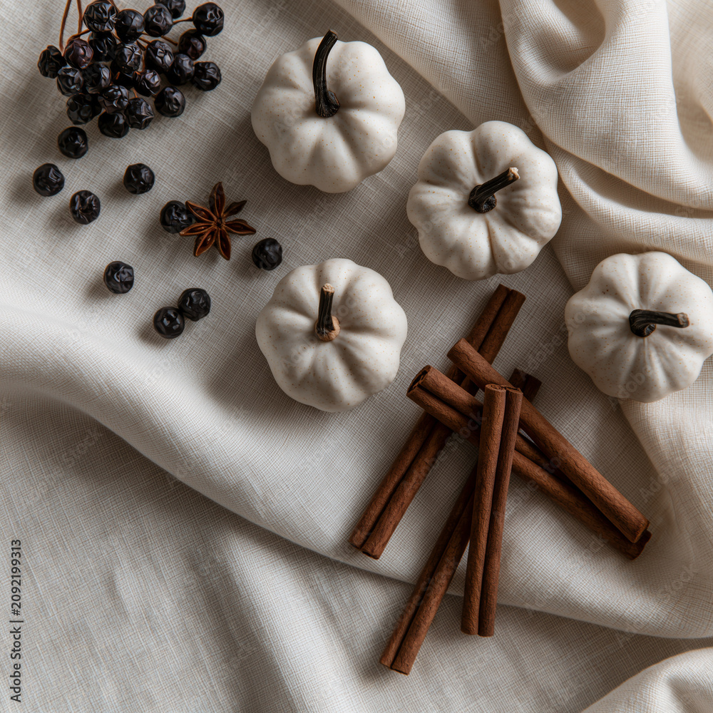 Fototapeta premium Miniature Pumpkins Cinnamon Autumn Flat Lay