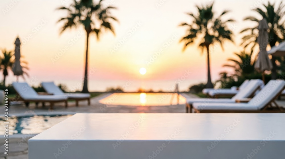 Fototapeta premium Luxury Poolside Sunset with Palm Trees for Web Design