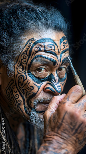 Indigenous elder receives a traditional facial tattoo using a handheld tool while displaying intricate cultural patterns on his weathered skin.