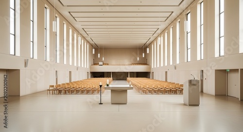 Modern church interior with wooden pews and altar