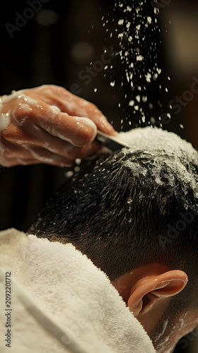 Barber uses a straight razor to shave a man's head under a stream of water in a professional salon environment.