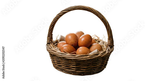 Basket filled with brown eggs on wicker surface