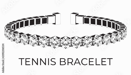 Very beautiful realistic vector illustration of a tennis bracelet featuring brilliant diamonds, polished white gold links, elegant sparkle, and a bold label reading 