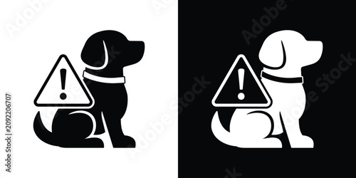 Tableau sur toile Silhouette of a sitting dog next to a triangular warning exclamation mark sign