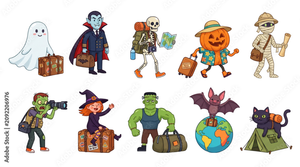 Fototapeta premium Premium Halloween Travel Character Collection Vector Set Isolated on Transparent Background