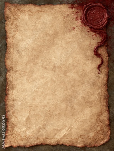 Aged Parchment Sheet with Red Wax Seal and Torn Edge