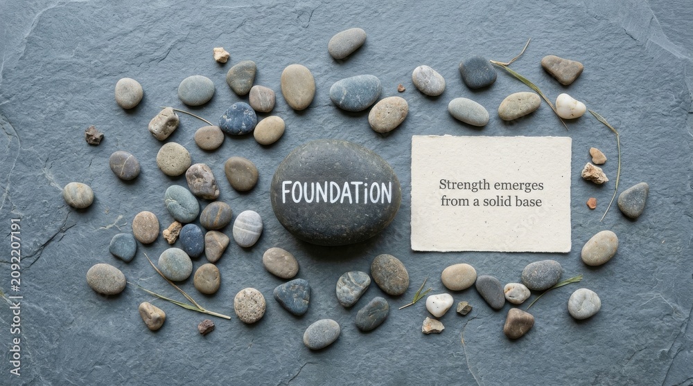 Fototapeta premium Stone with FOUNDATION word and strength quote on slate