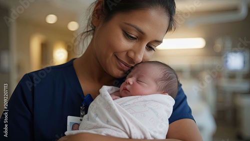 A compassionate nurse provides nurturing care while holding a newborn baby in a warm hospital environment filled with love and support