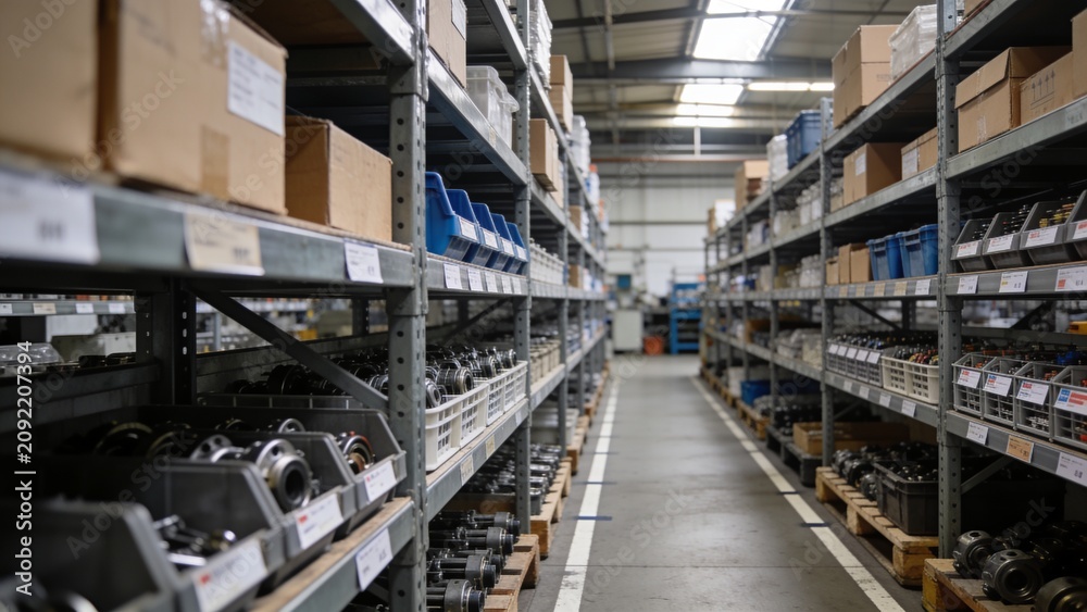 Fototapeta premium Factory inventory management featuring spare parts arranged on warehouse shelving with clear organization.