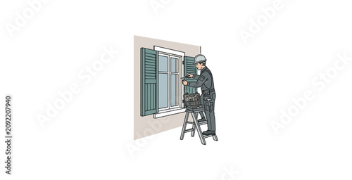 Handyman Repairing Window Vector Illustration