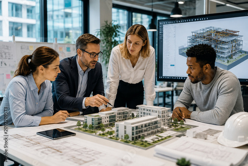 Diverse Architect Team Scale Model Residential Development Bim Screen Conference Office
