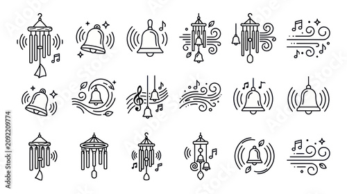 Billede på lærred Wind Chime Icons: Musical Sound Waves, Bells, Notes, and Wind Elements