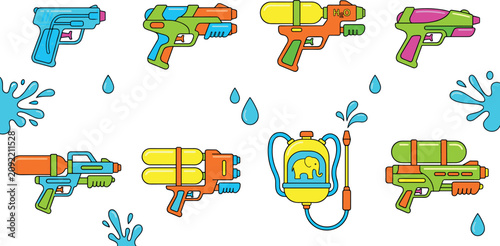 Konstfotografi Colorful toy water guns and blaster pistols flat vector illustration set for sum