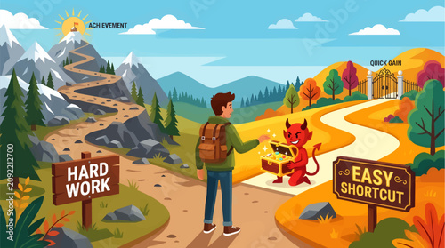 Принти на полотні Man at Fork in Road Choosing Between Hard Work Path to Achievement and Easy Shor