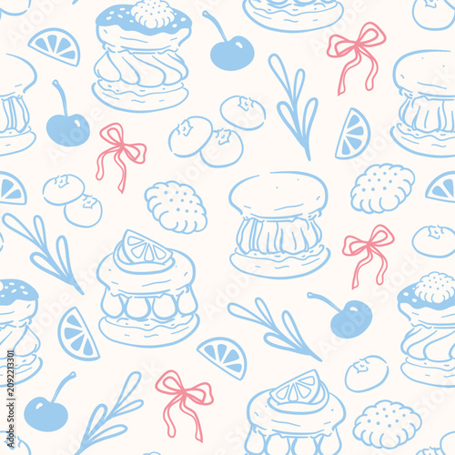 Принти на полотні Cute coquettish seamless pattern featuring various types of macaron with different toppings and fillings in a linear style