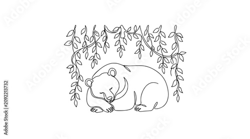Sleeping Bear Under Foliage - Single Line Drawing