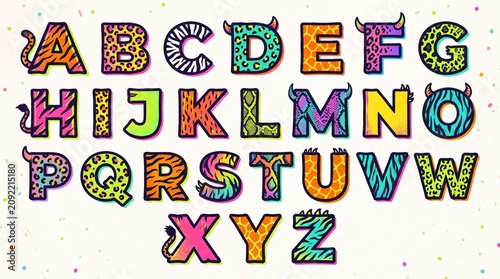 “Colorful animal alphabet bursts with playful energy, zebra stripes, leopard spots, giraffe patterns, tiger stripes, snake scales create vibrant cartoon typography for creative design.”