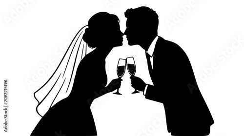 Фотография Bride and groom kissing champagne