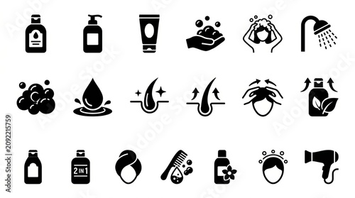 Collection of black and white household and personal care item icons set.