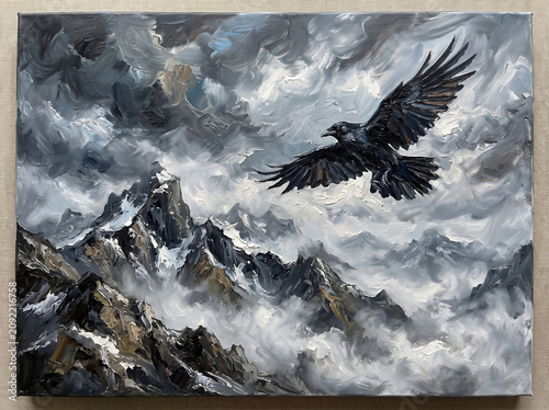 Flying Raven Over Mountains
