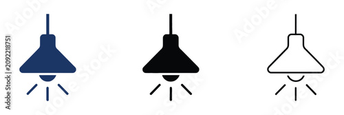 Foto Hanging pendant lamp icons featuring modern ceiling light fixtures, illumination rays, and clean minimalist vector graphics in filled and outline styles for home interiors