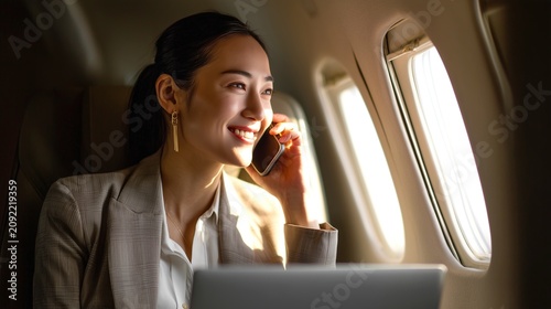 Smiling woman using mobile phone near airplane window with golden light. Concept of staying connected, mobile roaming, and joyful travel experience.