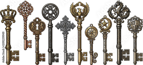 Set of vintage antique fantasy keys with crown eagle dragon cross and crescent moon symbols isolated on white background
