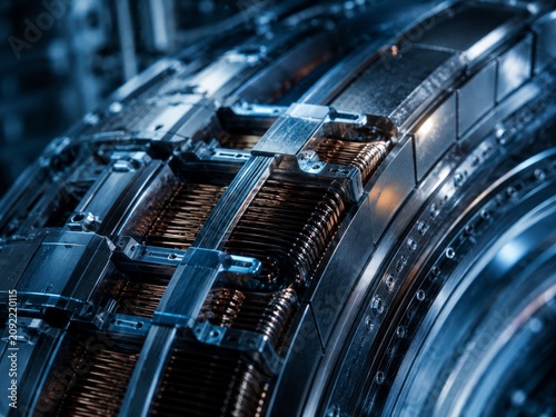 superconducting magnet coil inside a fusion reactor, showing intricate winding patterns, cooling channels, and precision metalwork.