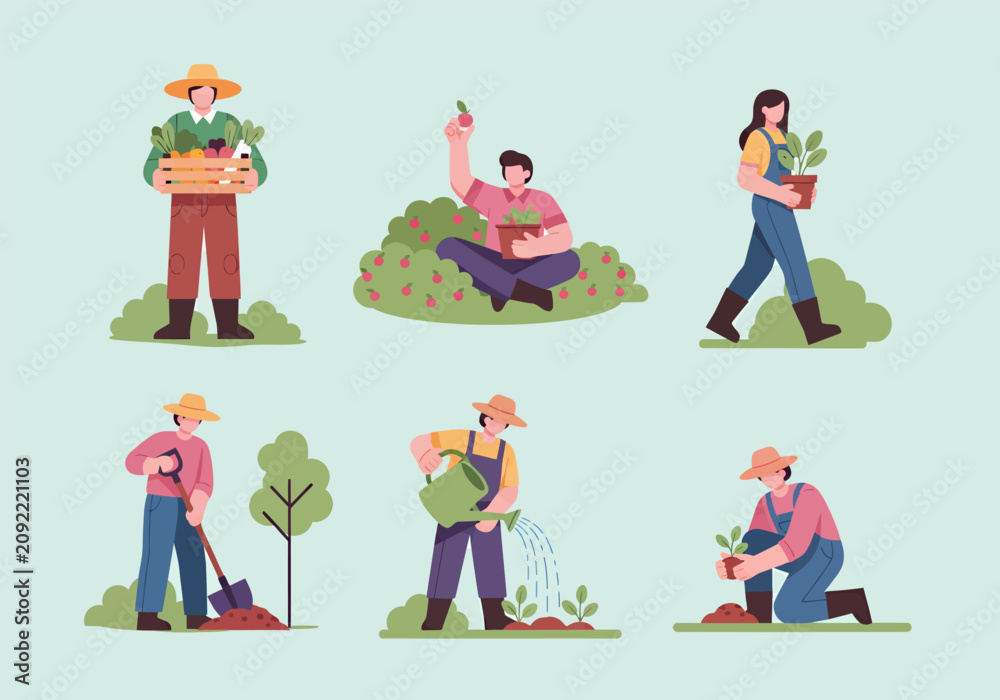 Fototapeta premium Farmers at work and activities, vector illustration design