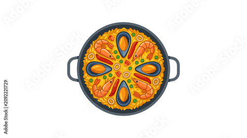 Paella dish with colorful design.