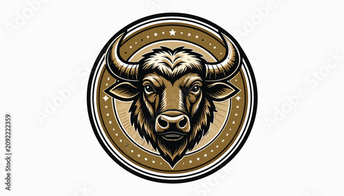 Powerful bison head badge with rustic circular border and stars