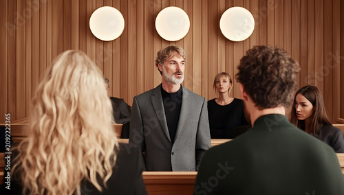 A man in a gray suit delivers a statement in a courtroom setting, observed by other individuals