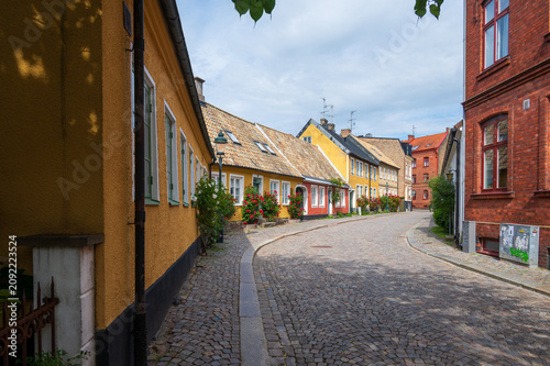Cobblestone street Adelgatan in Lund Sweden lined with colorful houses in an old town